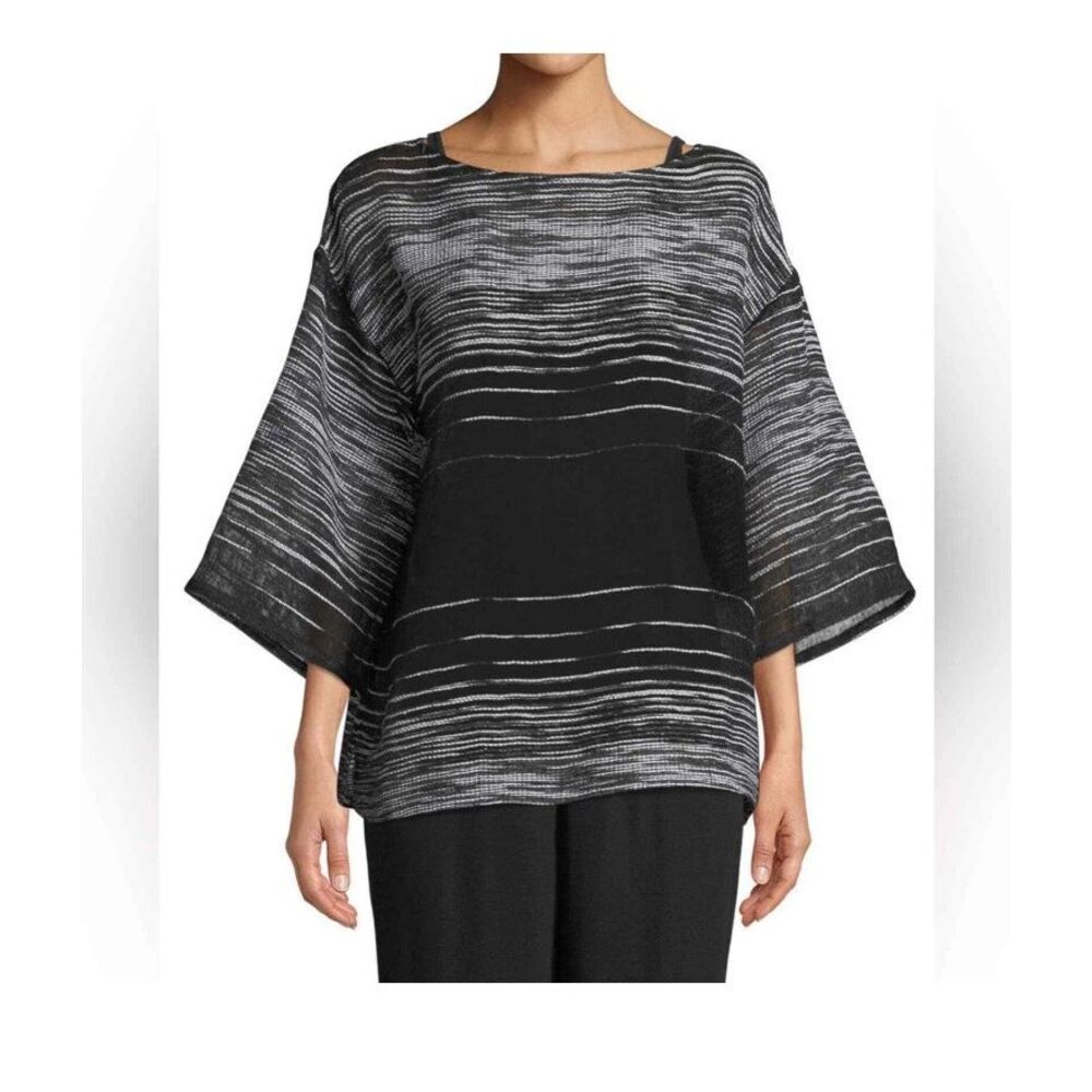 Eileen Fisher black and white Organic Linen Illusion Mesh Top Sz L
